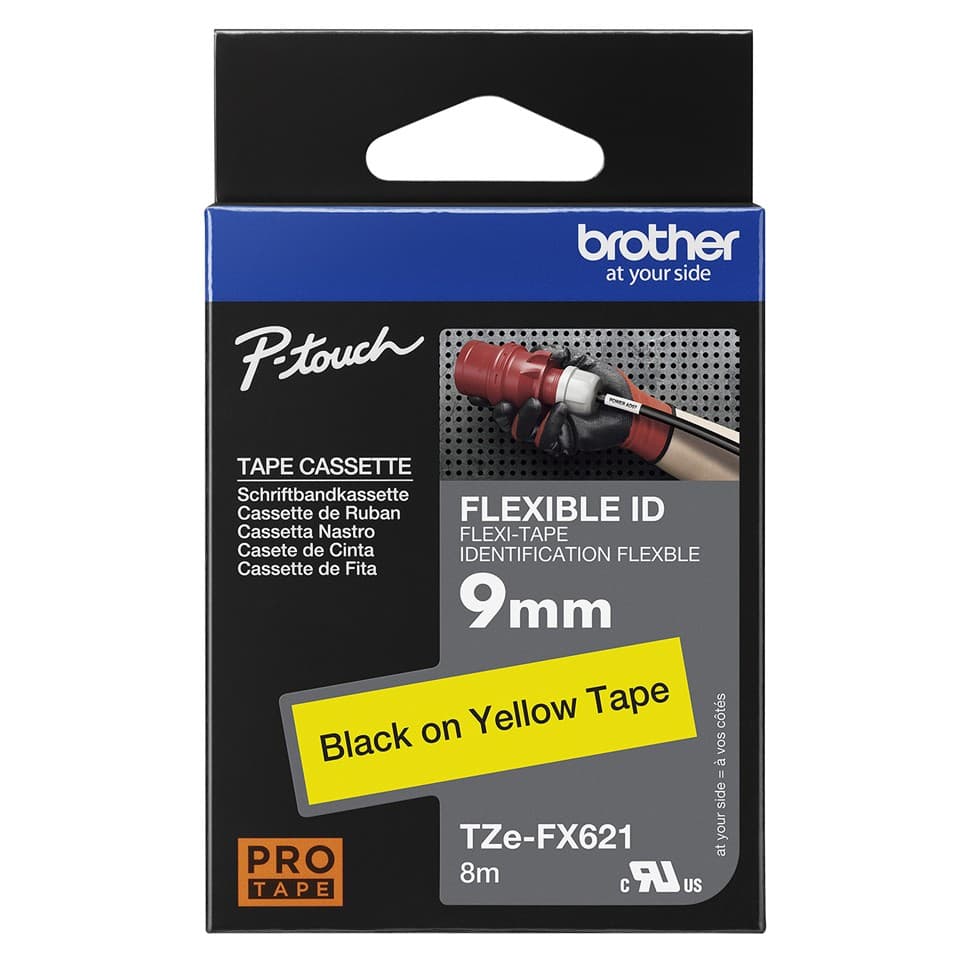 Brother TZe-FX621 Flexible ID Tape 9mm, Black on Yellow