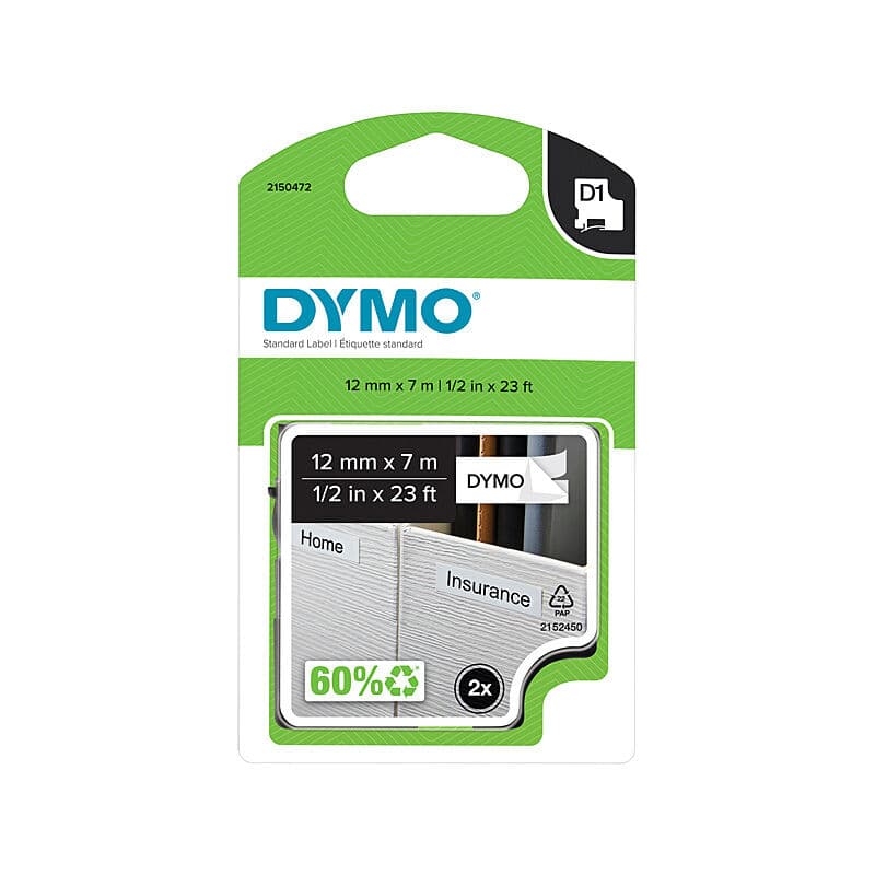 Dymo D1 Blk on Wht 12mmx7m Pk2 by Dymo — Buy at FetchInk Australia