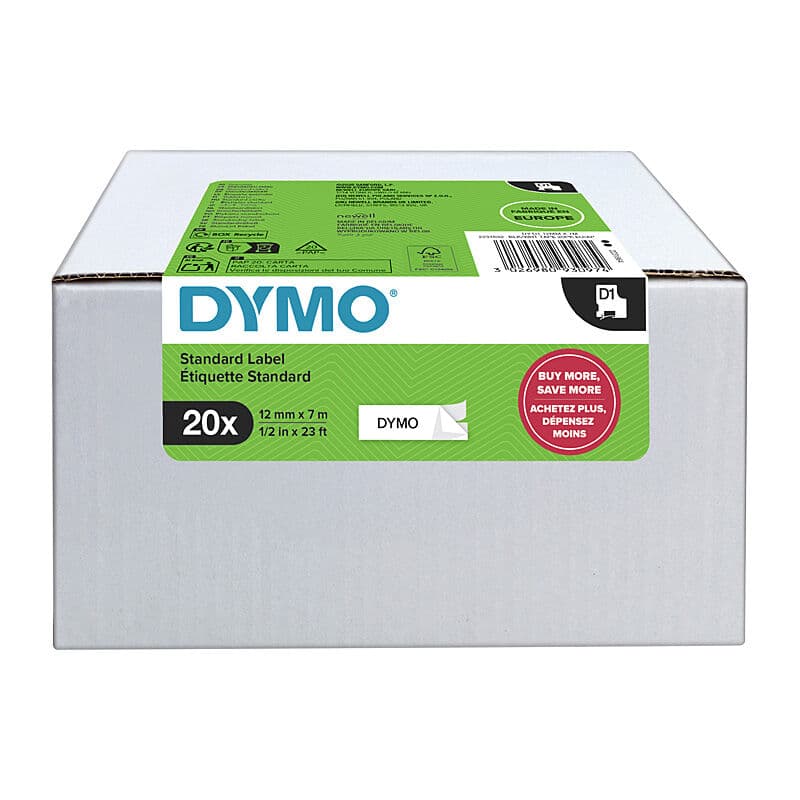 Dymo D1 Label Tape 12mm x 7m, Black on White, Pack of 20, Dymo, at FetchInk Australia