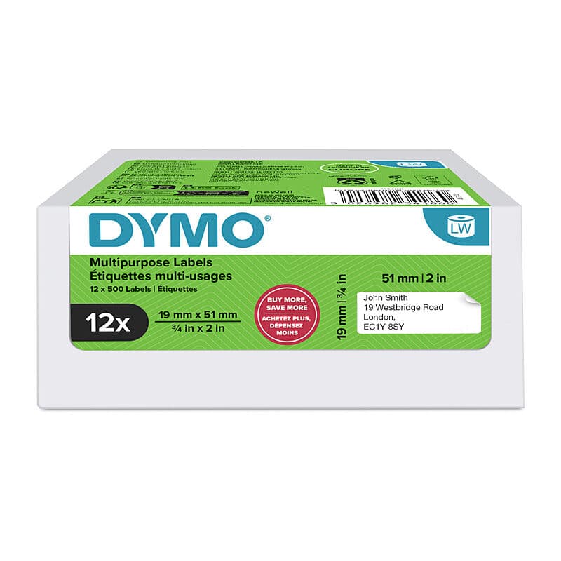 Dymo LabelWriter Multi-Purpose Labels 19 x 51mm, Pack of 12, Dymo, at FetchInk Australia