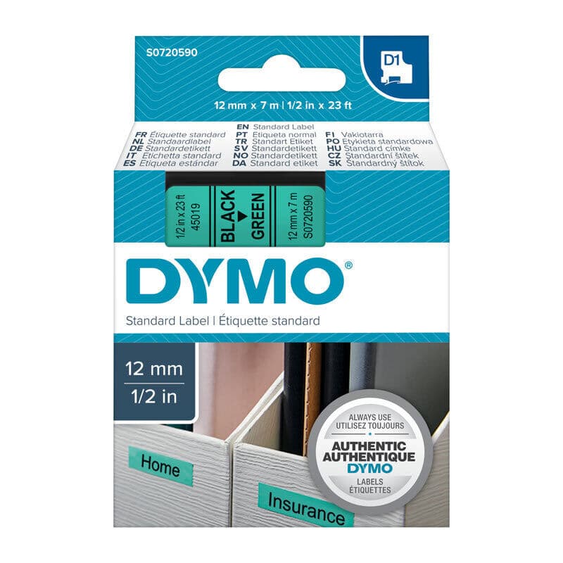 D1 Blk on Grn 12mmx7m Tape by Dymo — Buy at FetchInk Australia
