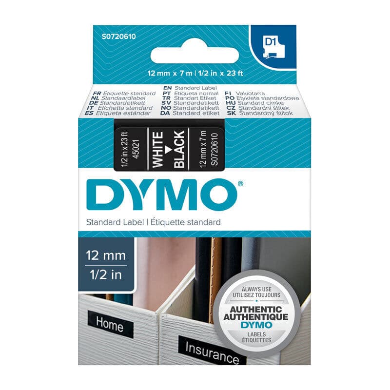 D1 Wht on Blk 12mmx7m Tape by Dymo — Buy at FetchInk Australia